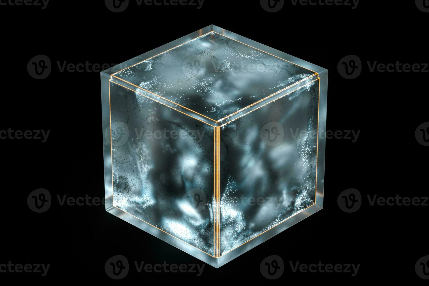 Frosted glass cube with glowing particles inside, 3d rendering. photo