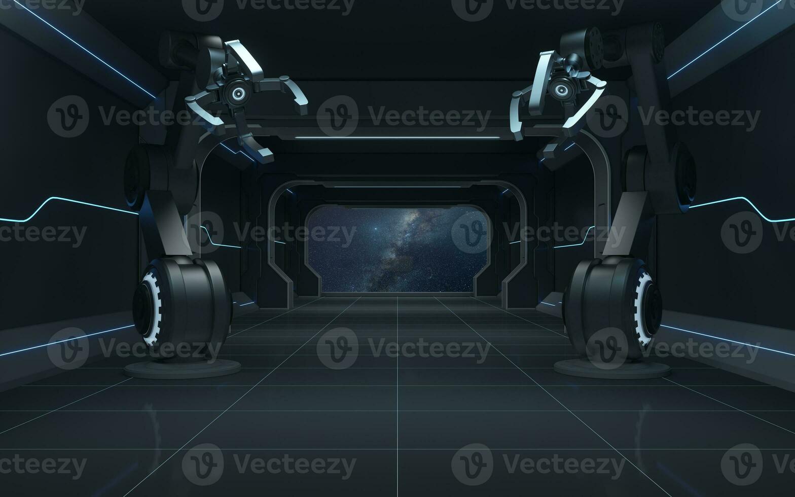 Robotic arms in the dark futuristic room, 3d rendering. photo