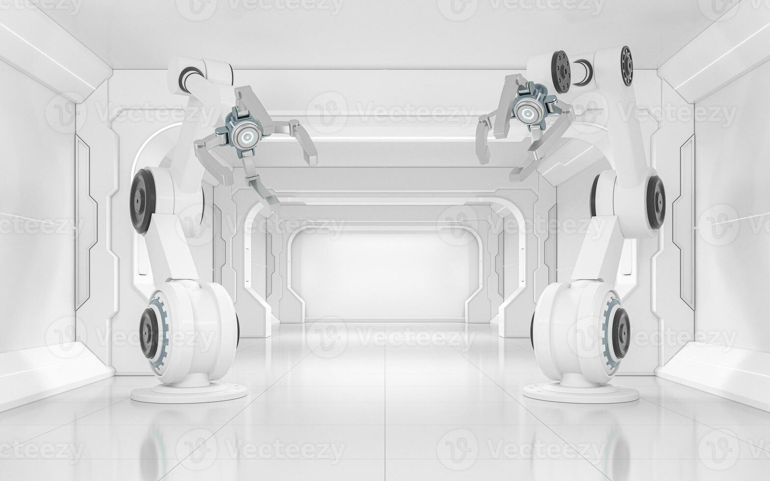 robótico brazos en el blanco futurista habitación, 3d representación. foto