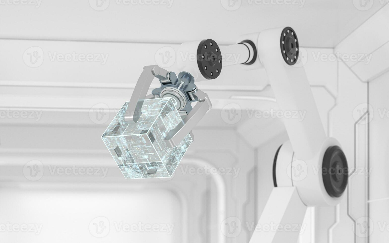 Robotic arms in the white futuristic room, 3d rendering. photo