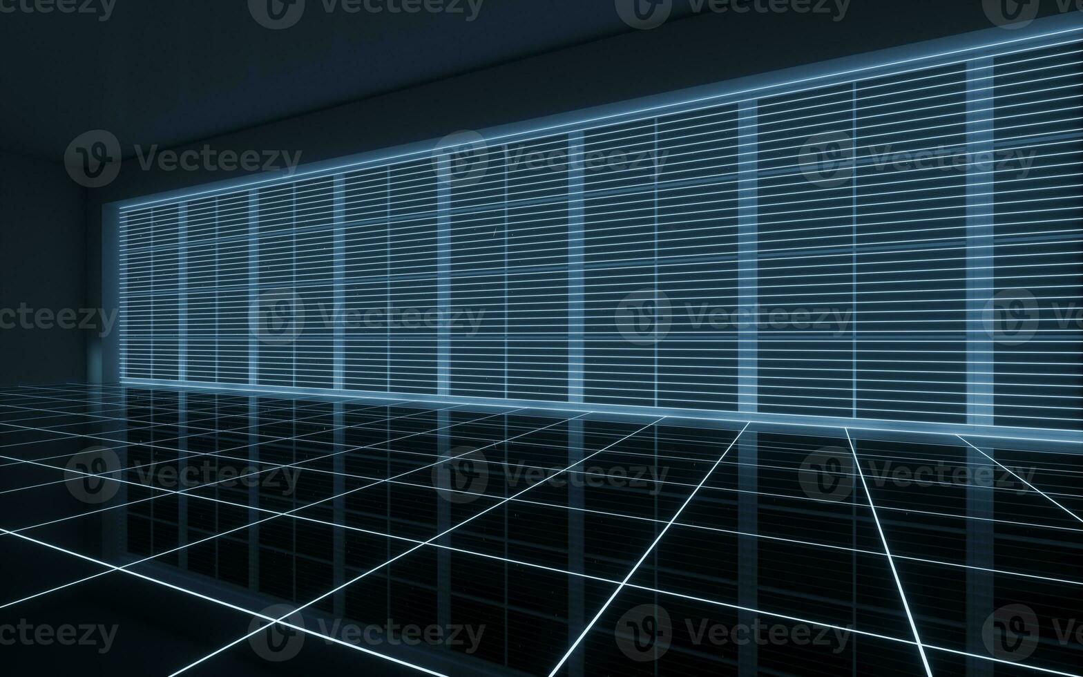 Neon lines in the black empty room, 3d rendering. photo