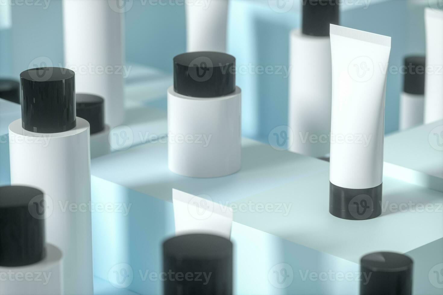 blanco cosmético botella con cúbico fondo, 3d representación. foto