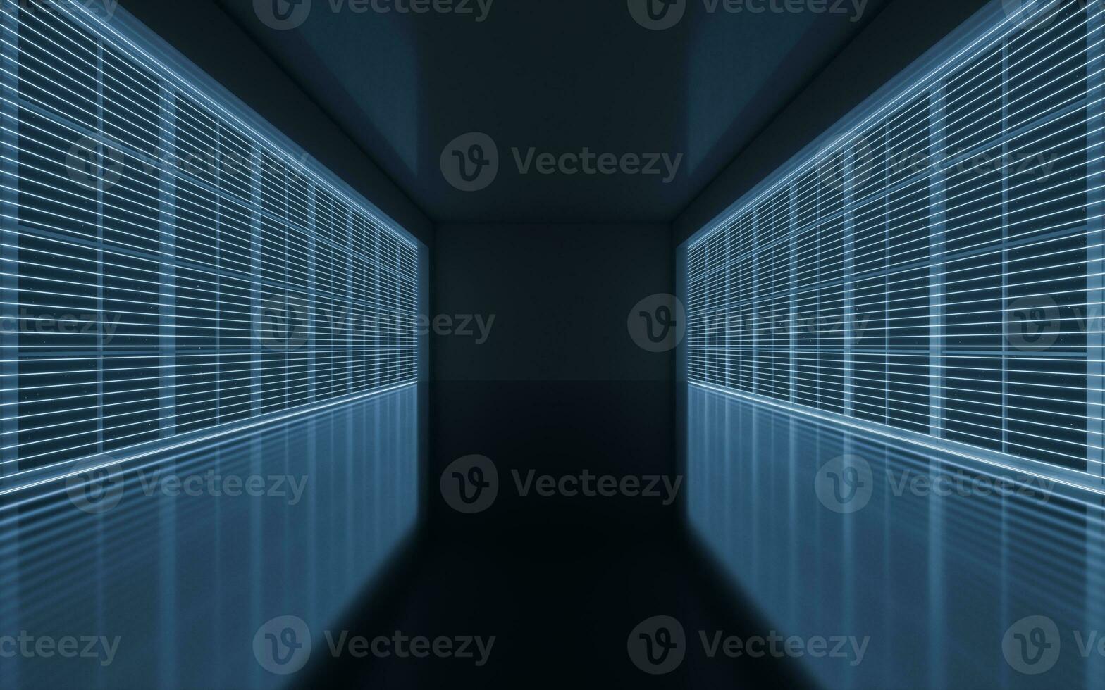 Neon lines in the black empty room, 3d rendering. photo