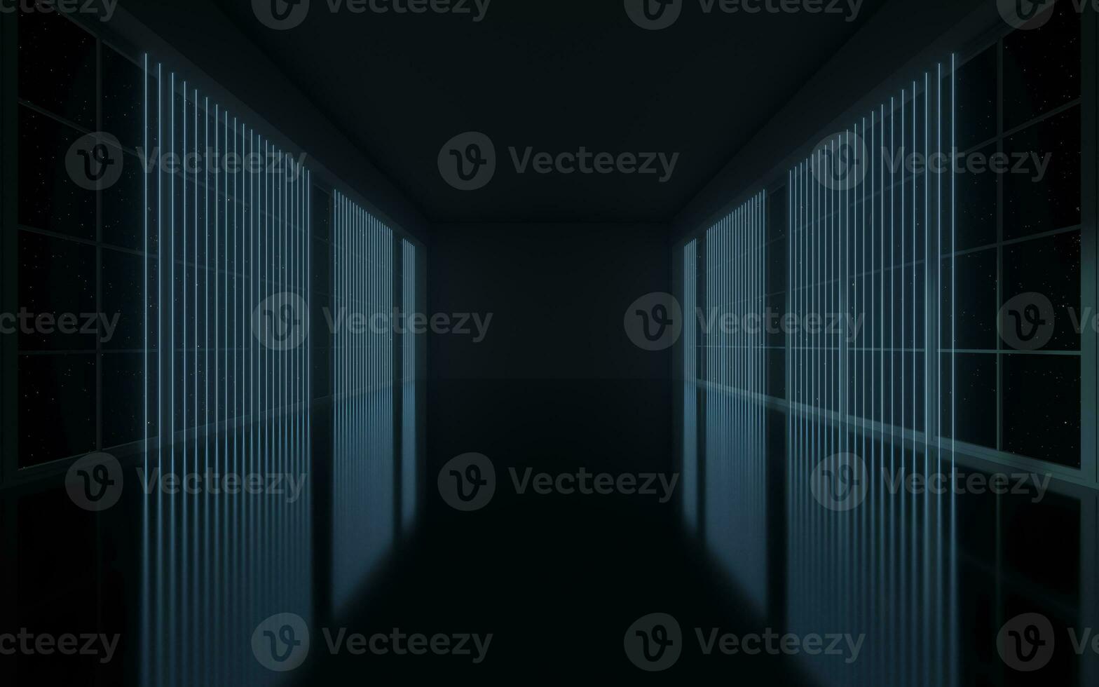 Neon lines in the black empty room, 3d rendering. photo