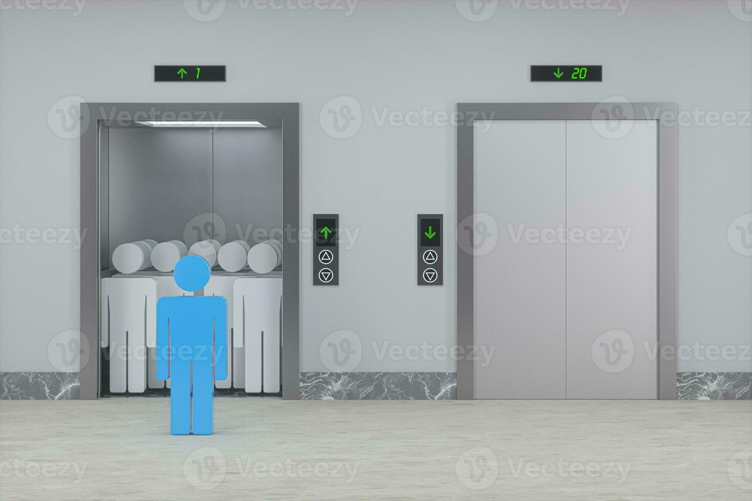 el ascensor en el corredor, 3d representación. foto