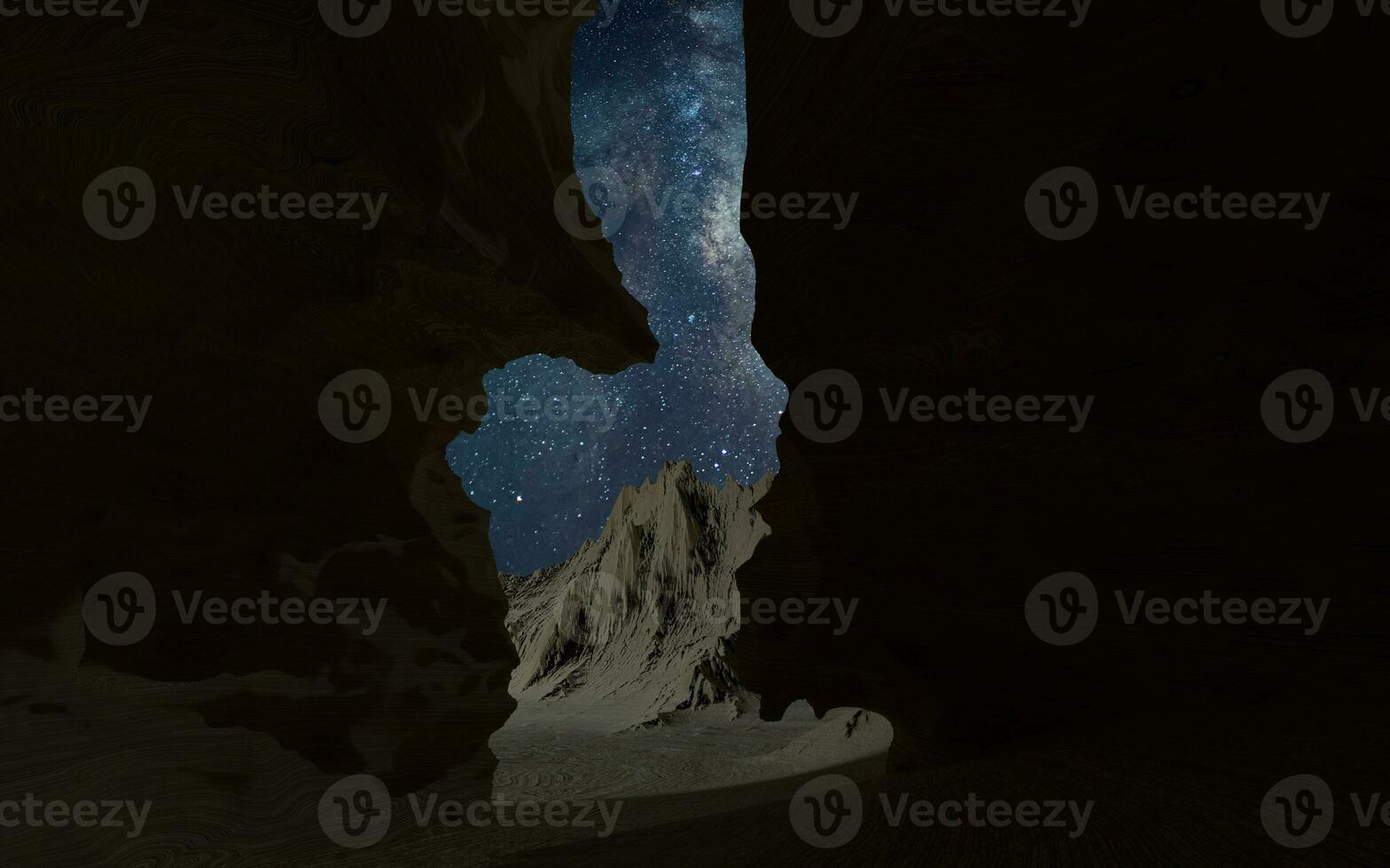 Milky way in the narrow rock gorge, valley scenery, 3d rendering. photo