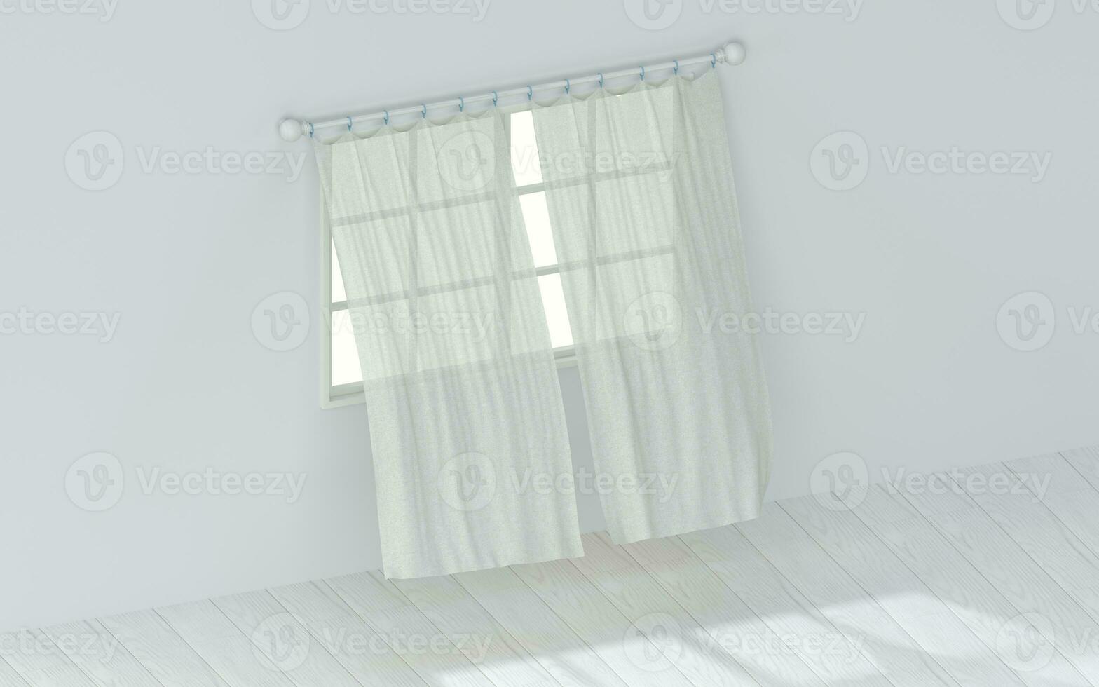 vacío habitación con soplo cortina, interior fondo, 3d representación. foto
