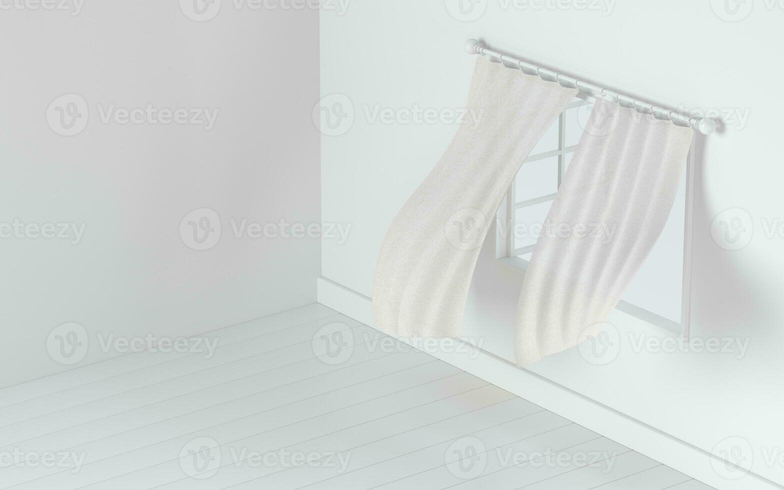 Empty room with blowing curtain, interior background, 3d rendering. photo