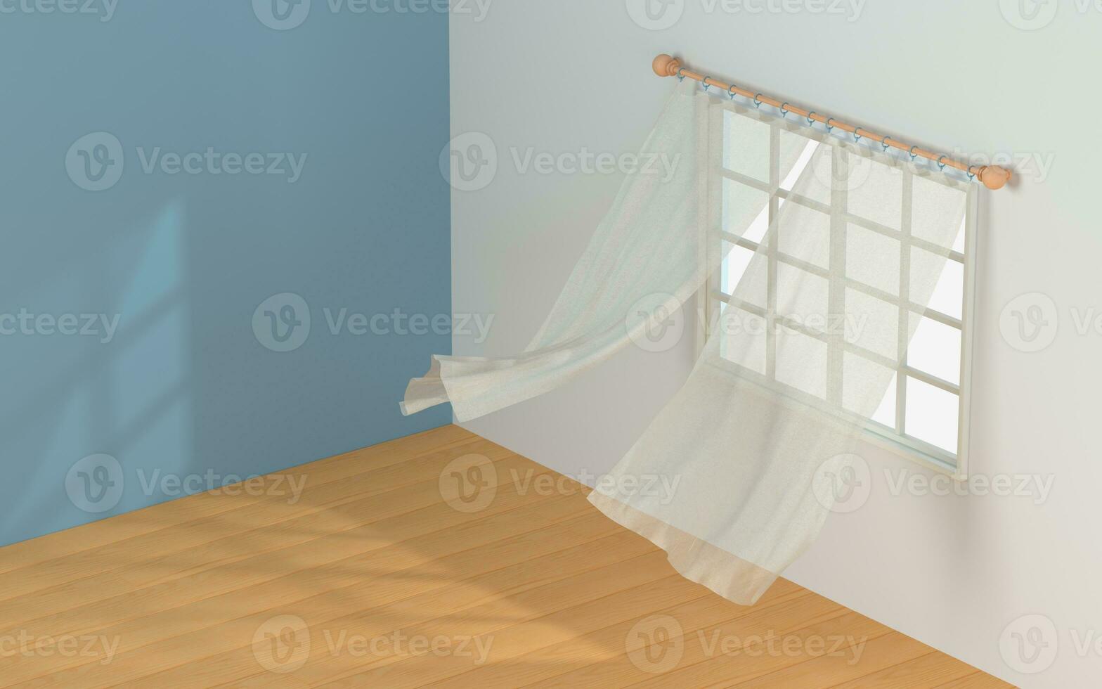 Empty room with blowing curtain, interior background, 3d rendering. photo
