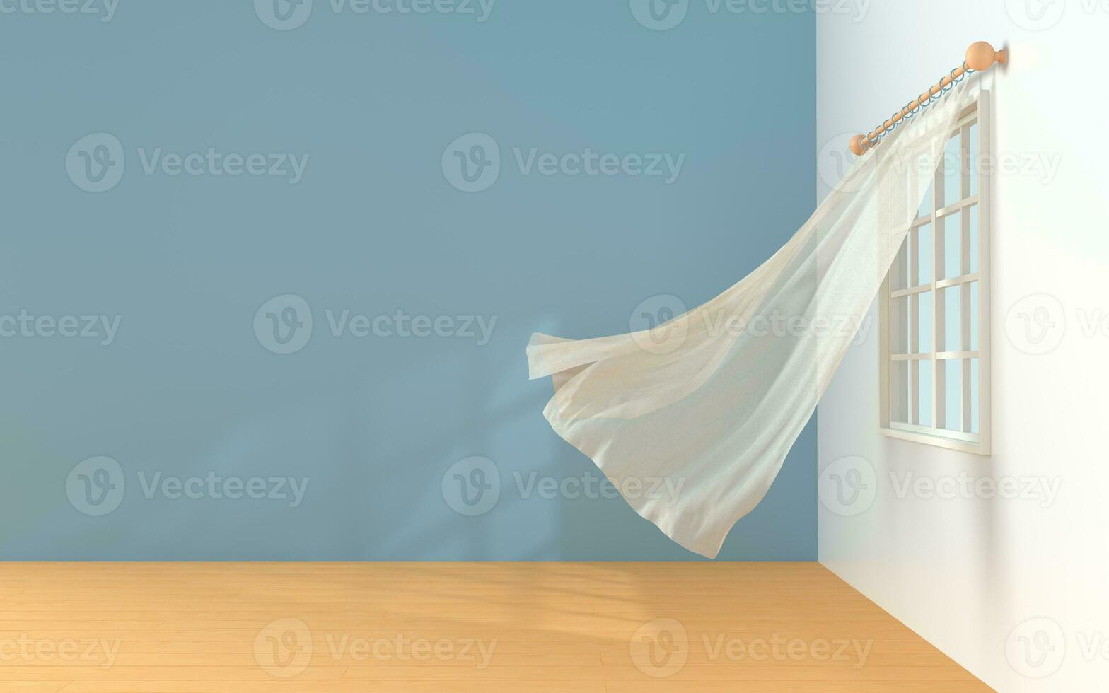 Empty room with blowing curtain, interior background, 3d rendering. photo