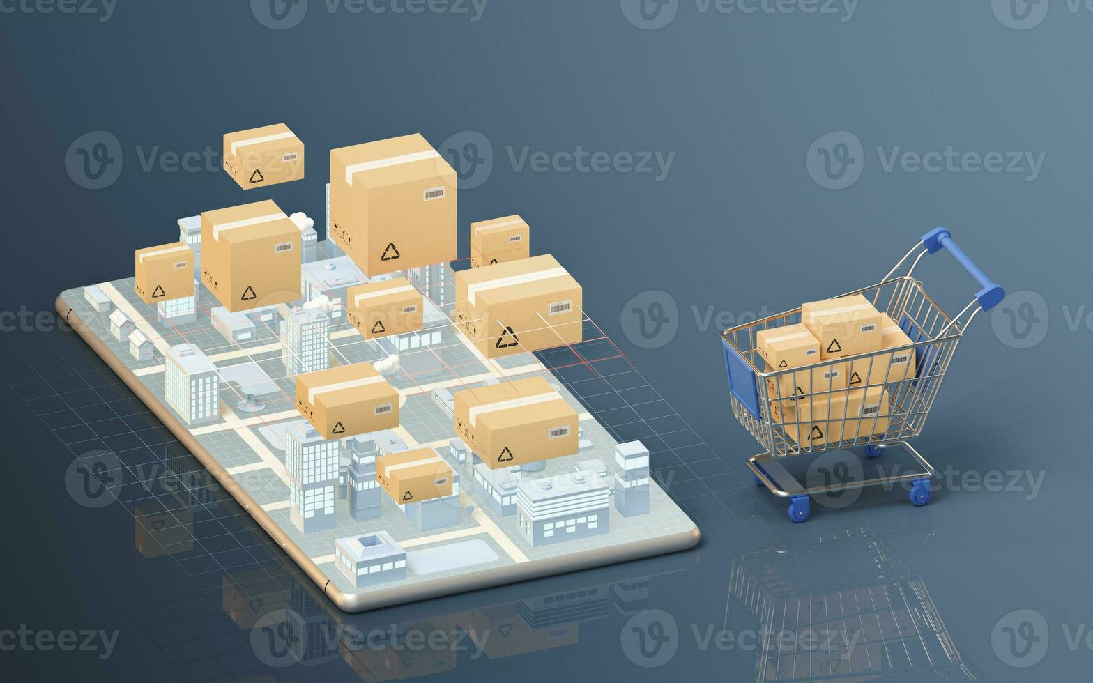 Express delivery reaches the city by transportation, 3d rendering. photo