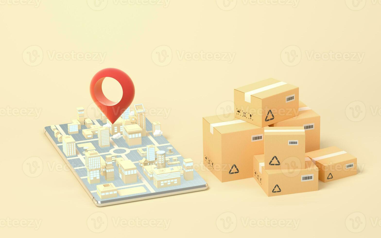 Express delivery reaches the city by transportation, 3d rendering. photo