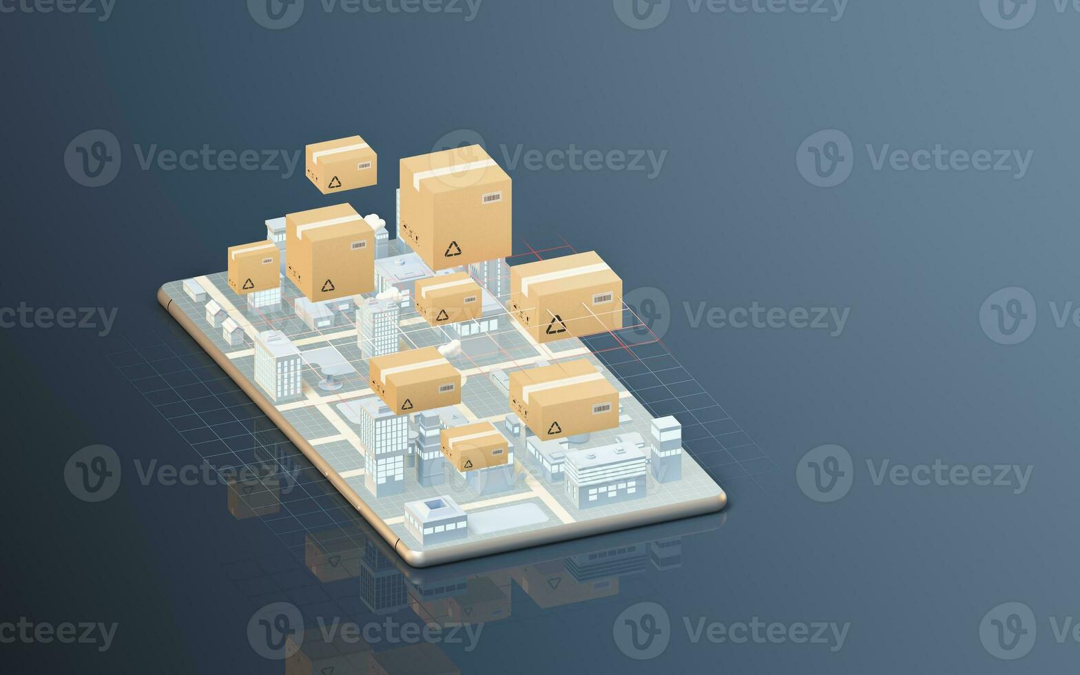 Express delivery reaches the city by transportation, 3d rendering. photo