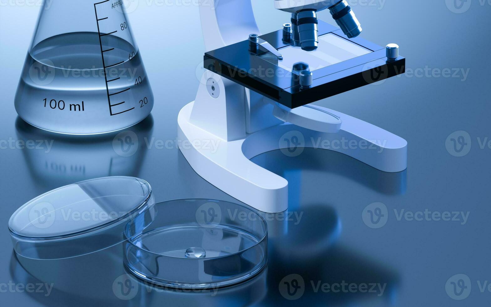 Glassware and microscope in the laboratory, 3d rendering. photo