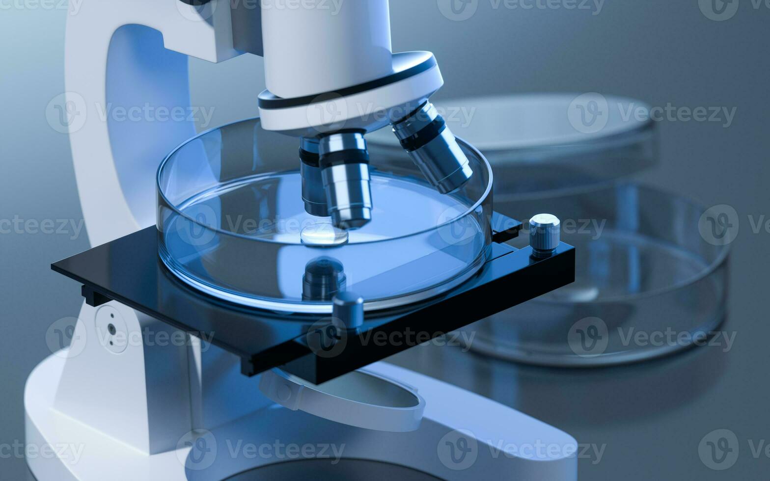 Glassware and microscope in the laboratory, 3d rendering. photo