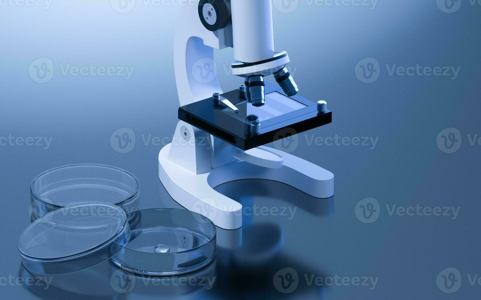 Glassware and microscope in the laboratory, 3d rendering. photo