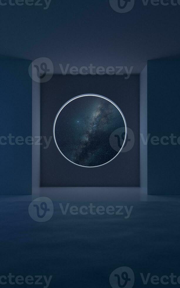 The interior of the room looks out at the stars, 3d rendering. photo