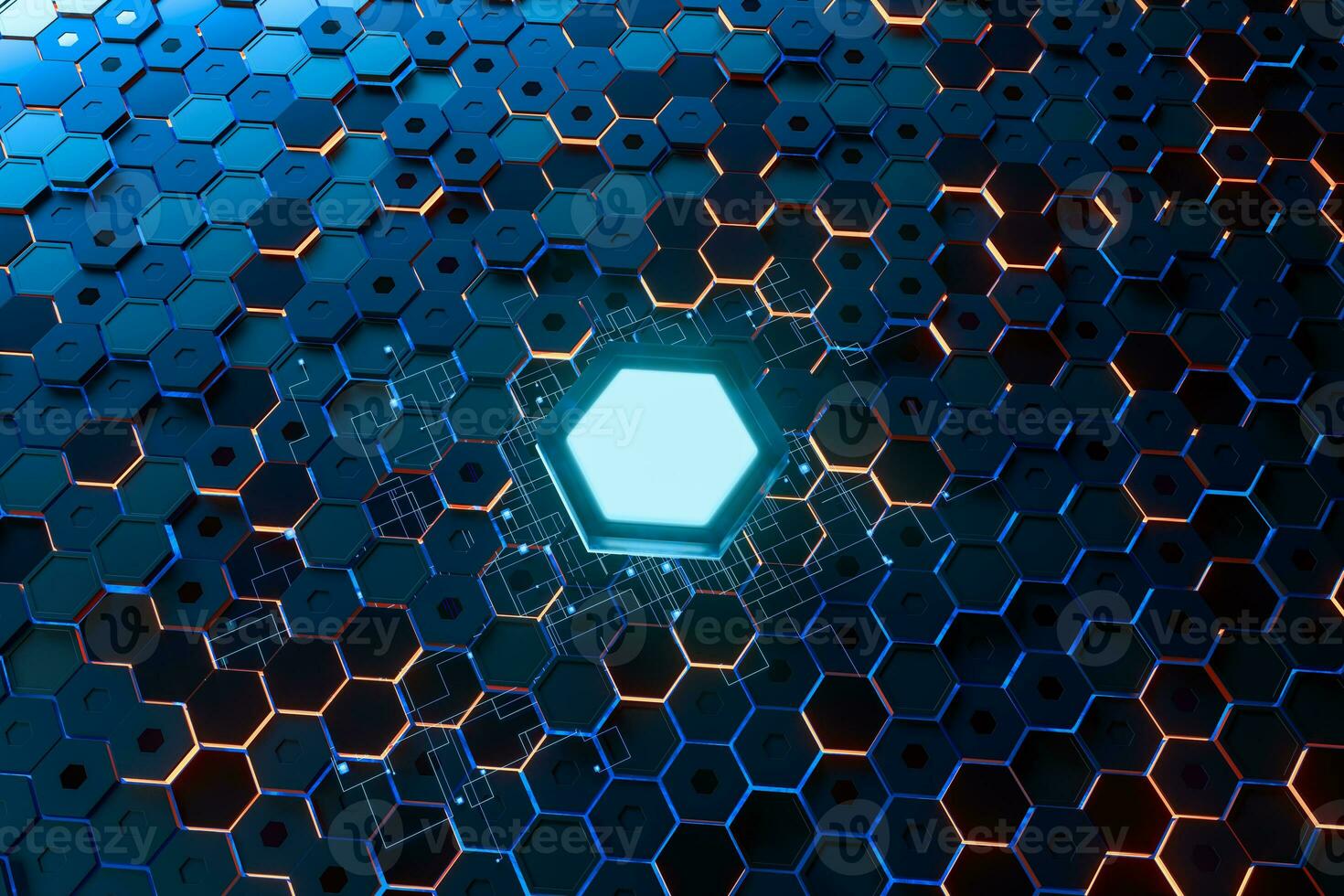 Glowing hexagonal cubes background, hi-tech cyberspace, 3d rendering. photo