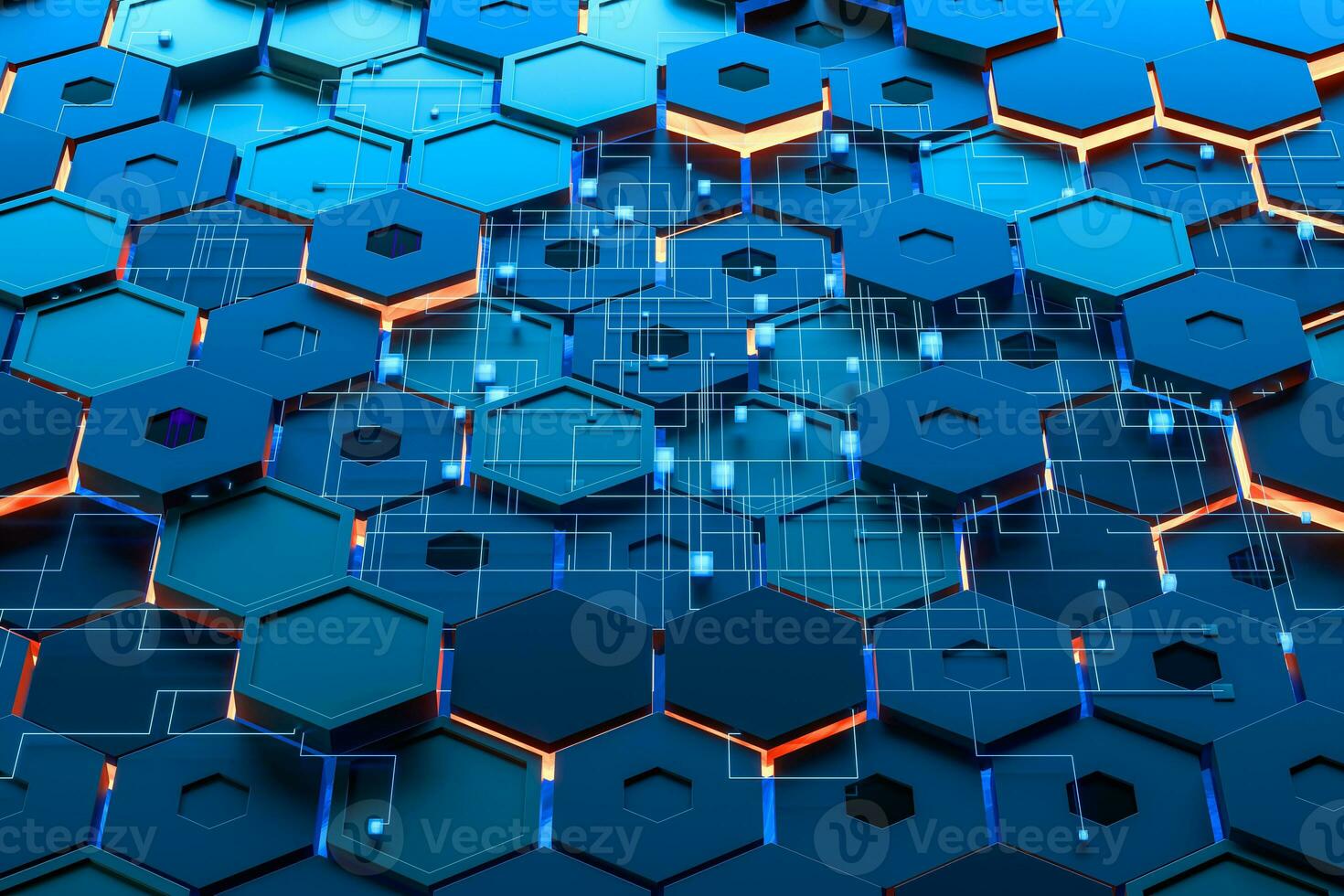 Glowing hexagonal cubes background, hi-tech cyberspace, 3d rendering. photo