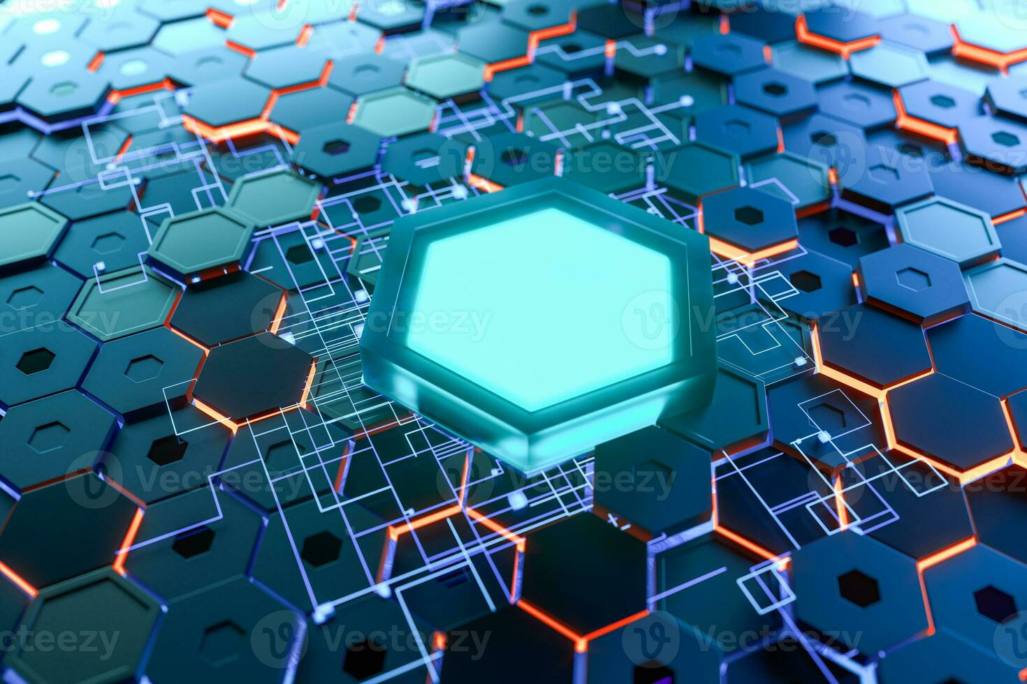 Glowing hexagonal cubes background, hi-tech cyberspace, 3d rendering. photo