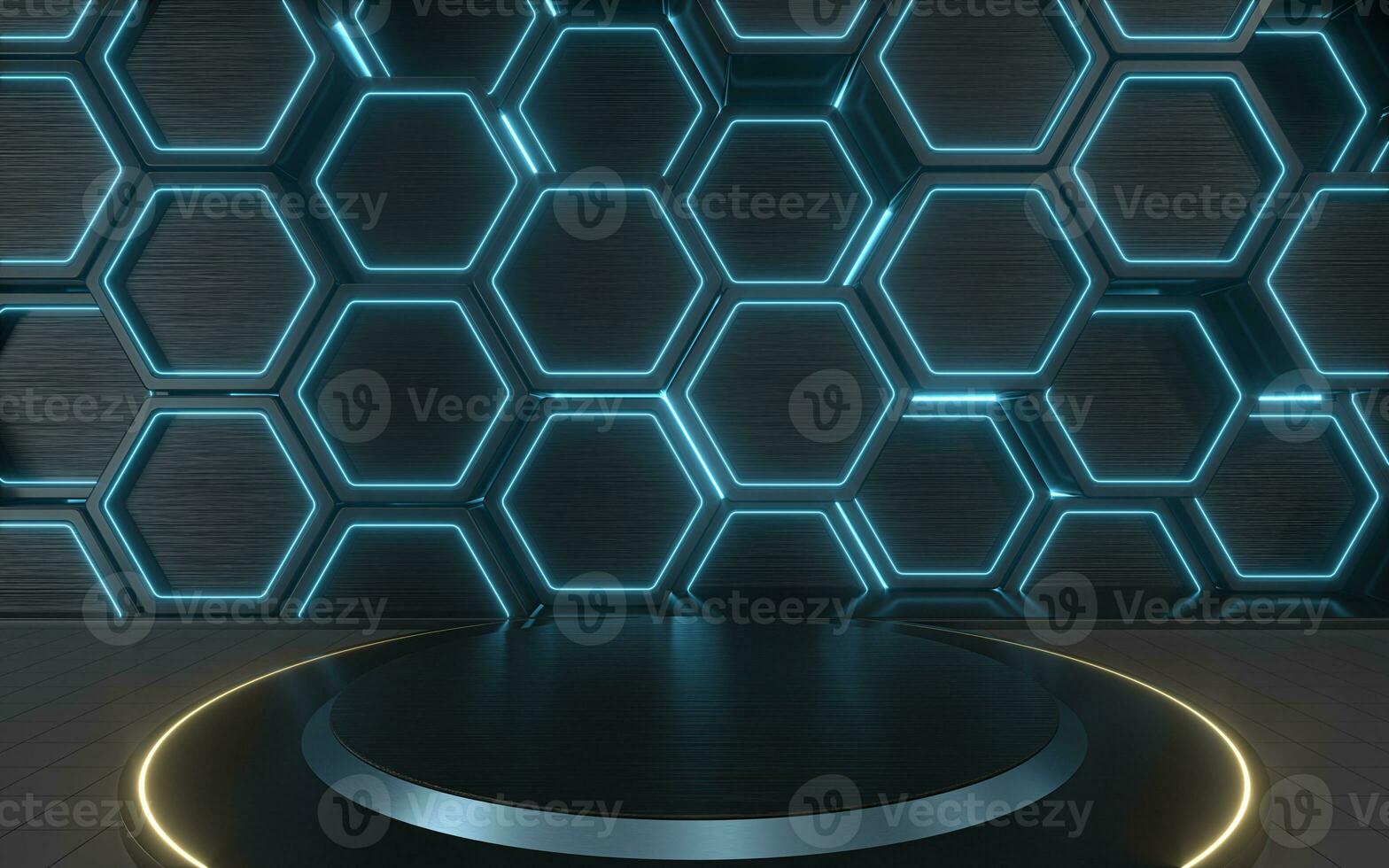 Empty round stage with hexagon geometric background, 3d rendering. photo