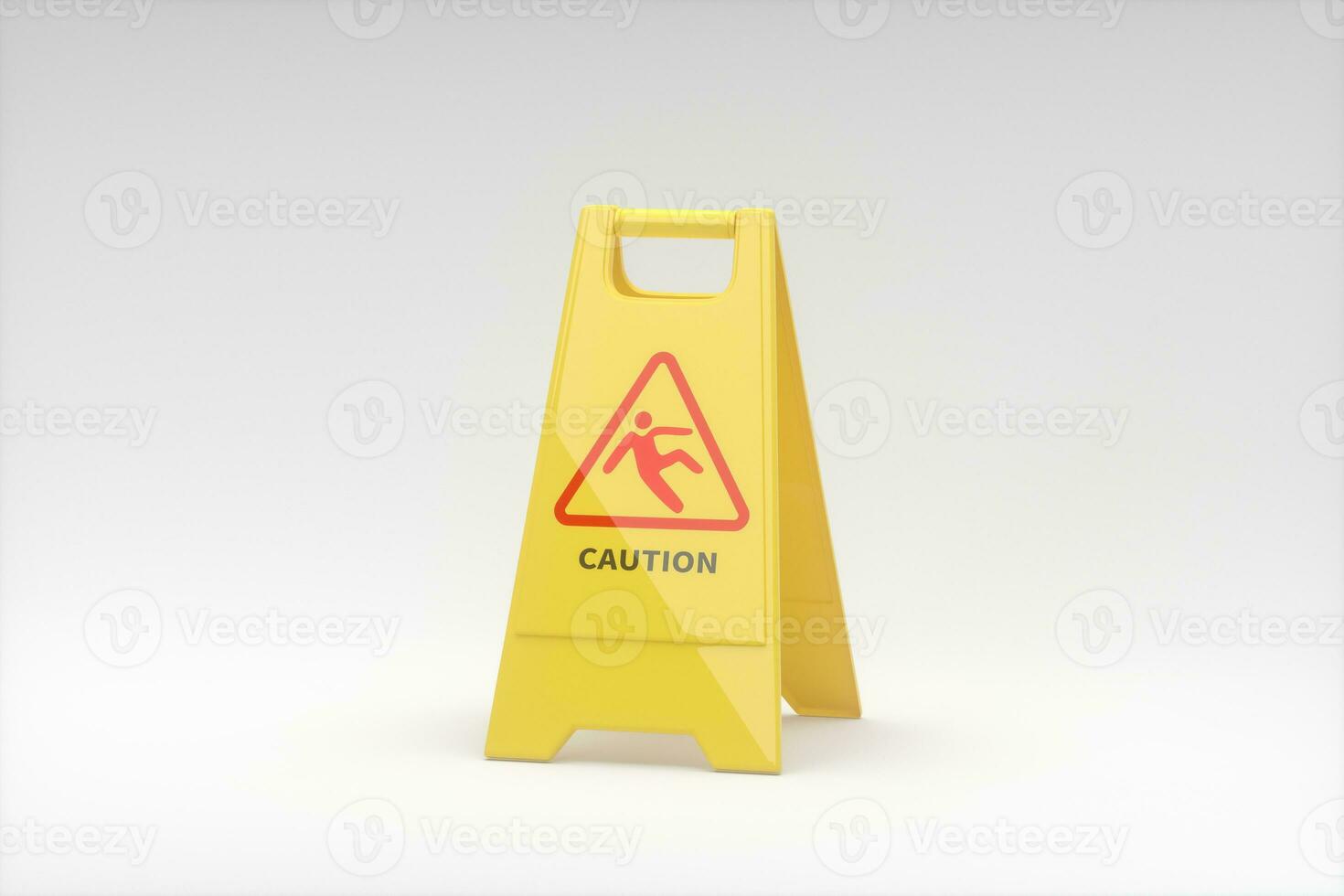 Yellow floor sign with caution on it, 3d rendering photo