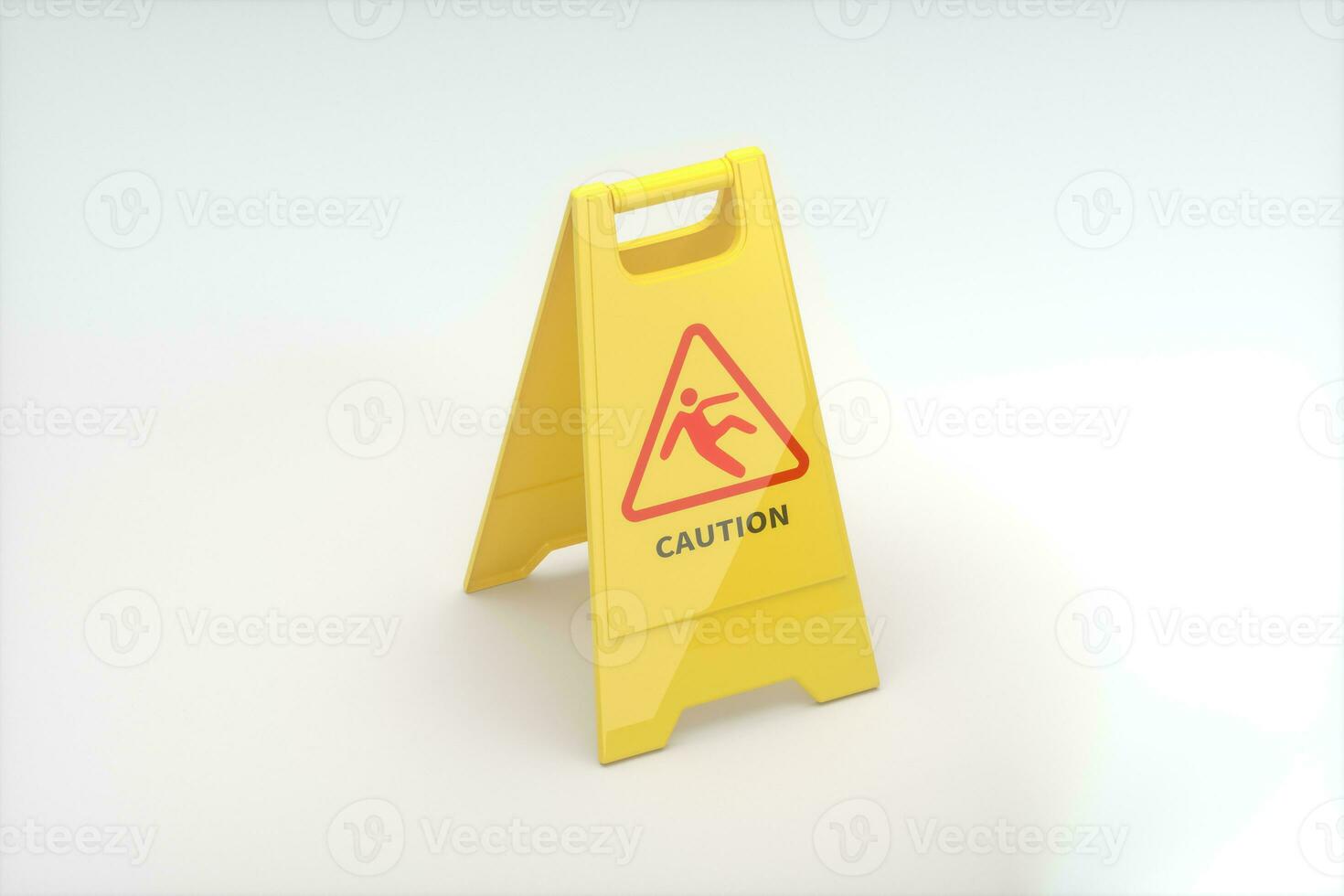 Yellow floor sign with caution on it, 3d rendering photo