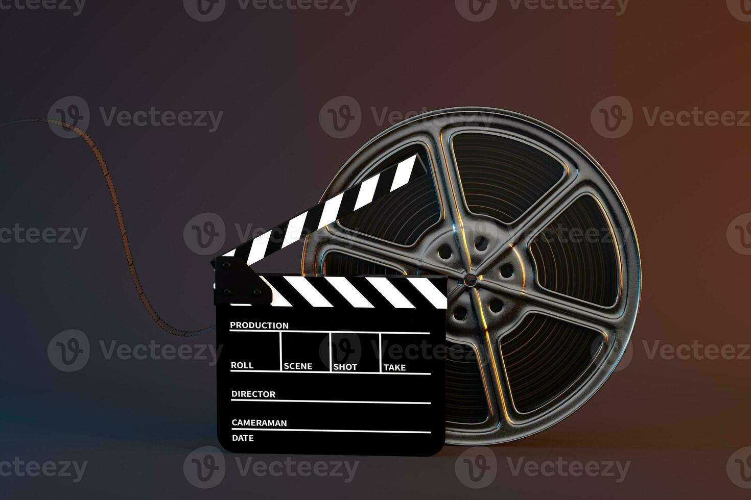 Clapper board and film tape with dark background, 3d rendering. photo