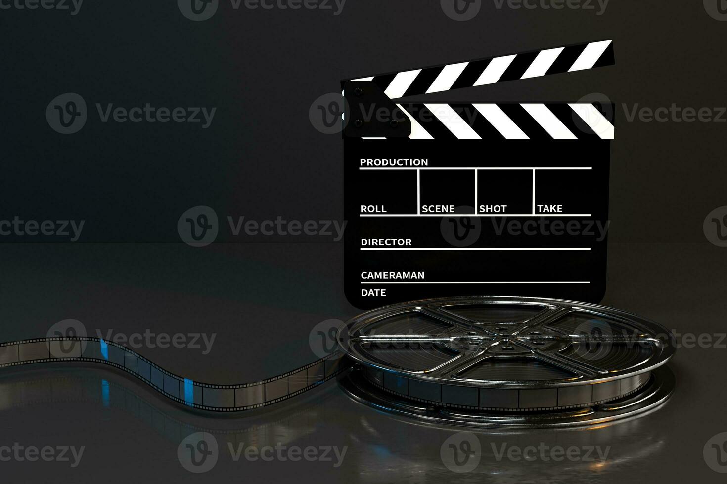 Clapper board and film tape with dark background, 3d rendering. photo