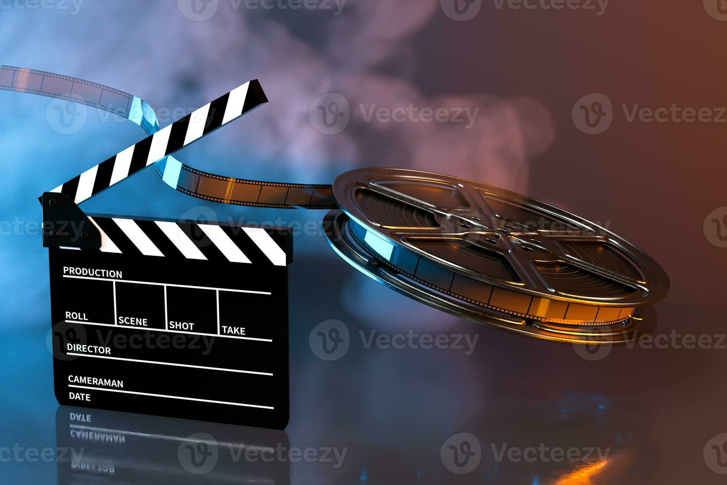 Clapper board and film tape with dark background, 3d rendering. photo