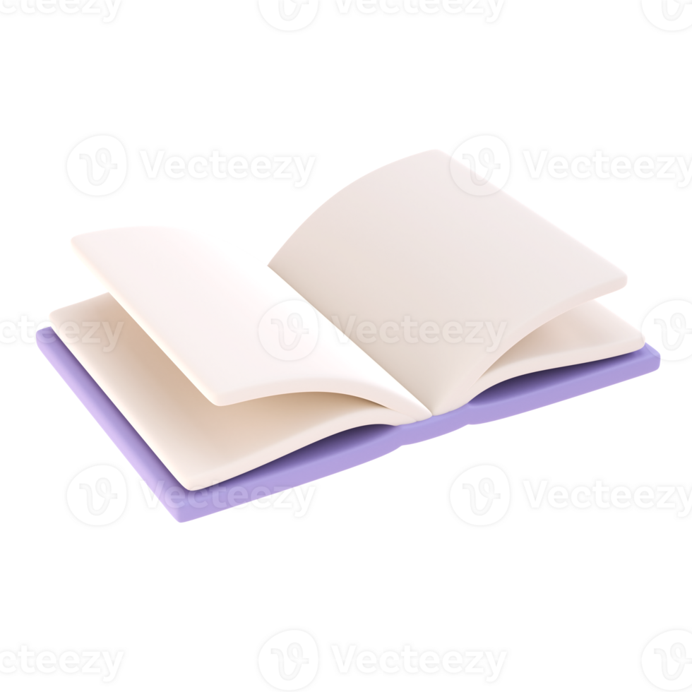 3d icon open book school, diary with white paper blank pages and bookmark. Cartoon minimal style isolated transparent png