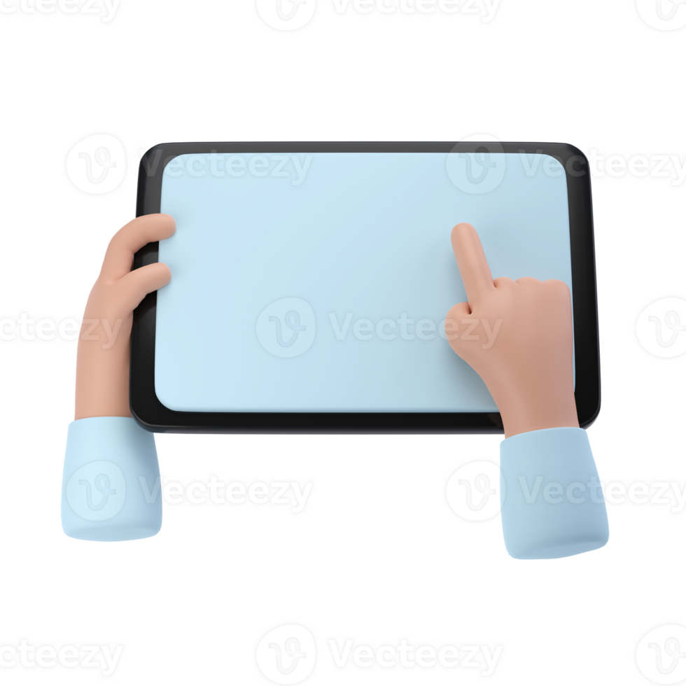 3D Hands using tablet mockup icon. Cartoon hand holding tablet isolated transparent png illustration