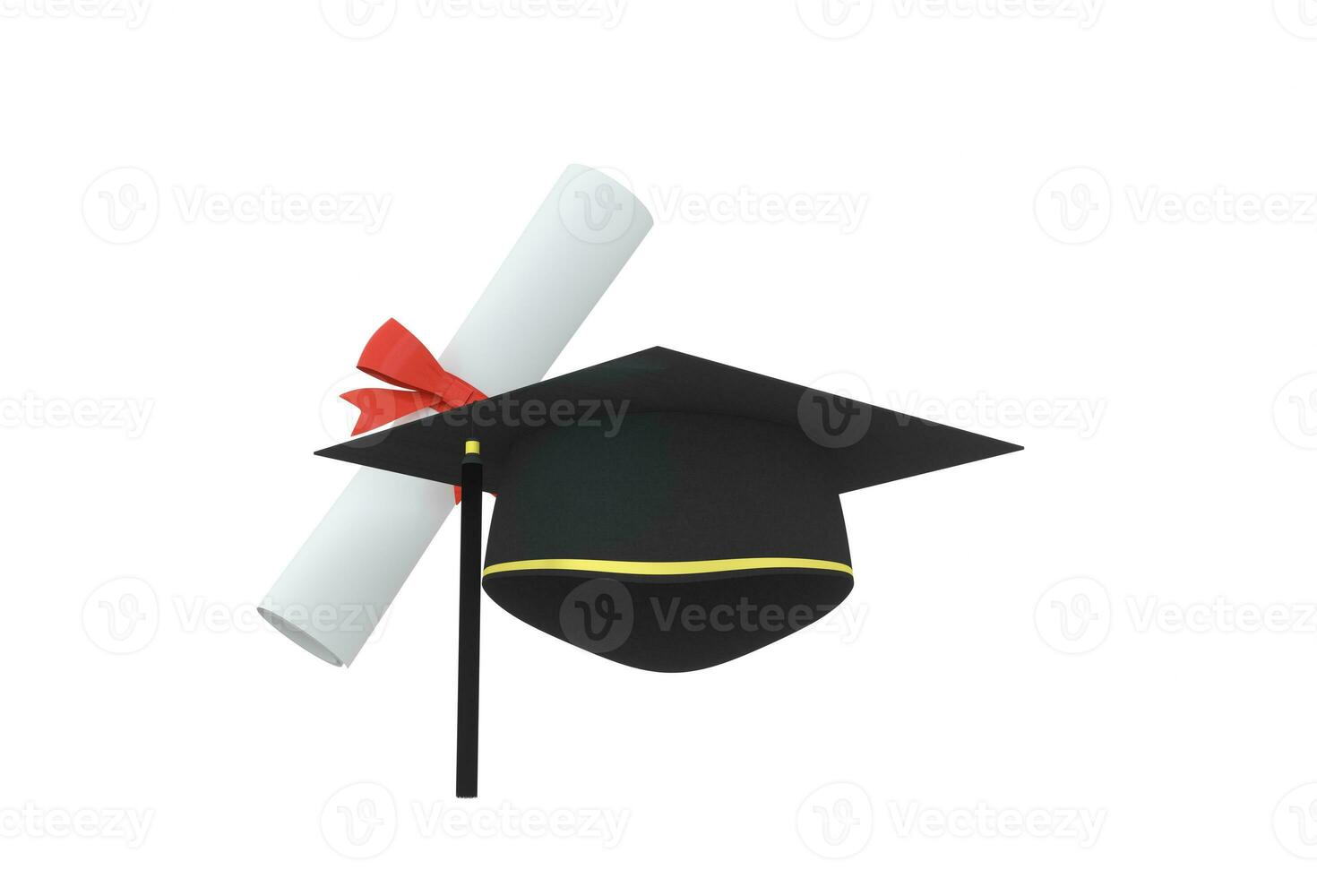 graduado sombrero con diploma aparte en blanco fondo, 3d representación. foto