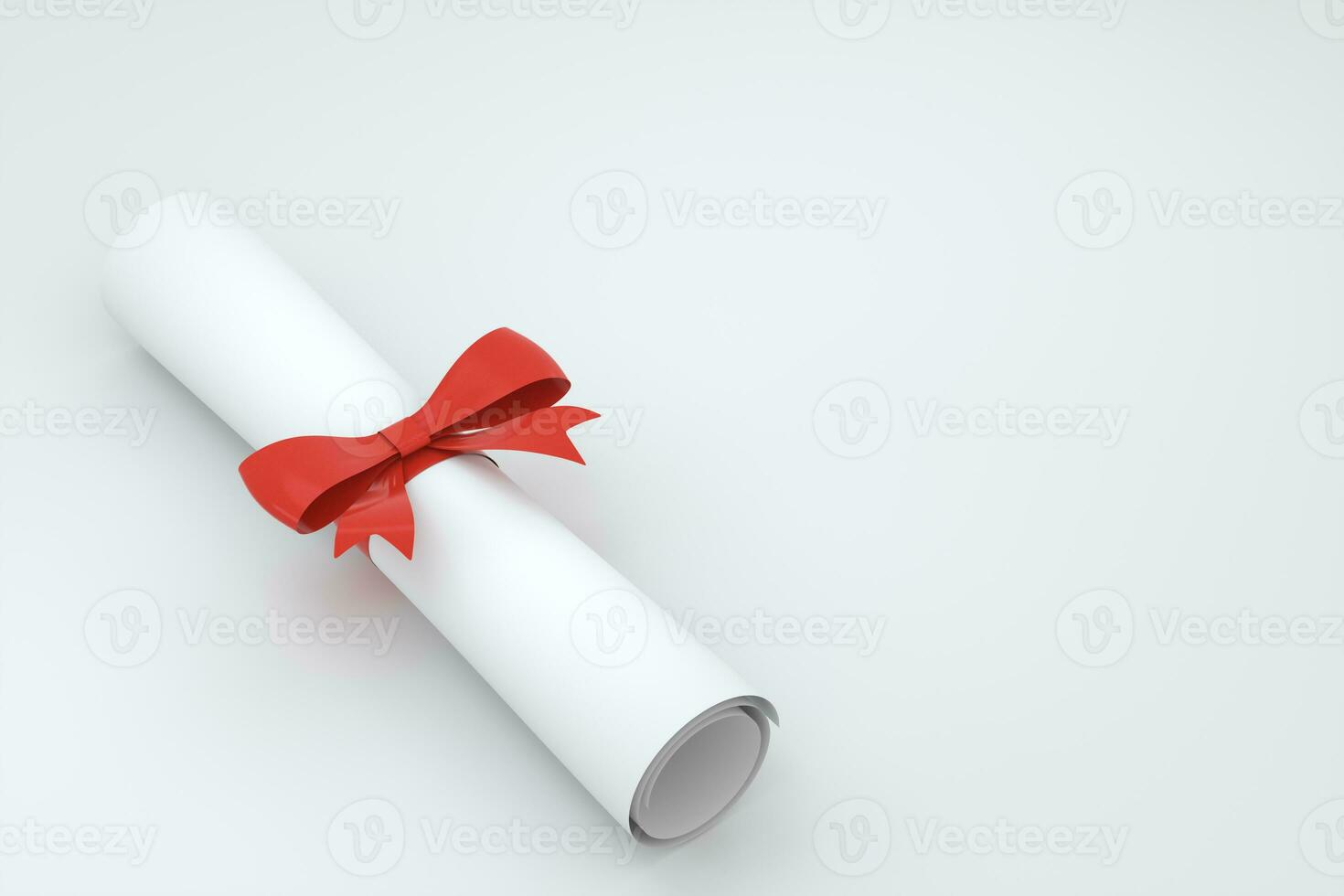 Diploma, paper scroll with red ribbon isolated on white background, 3d rendering. photo