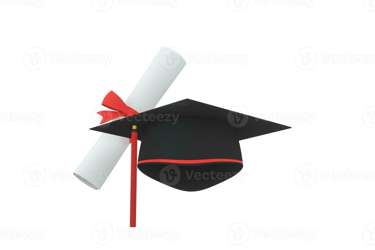 graduado sombrero con diploma aparte en blanco fondo, 3d representación. foto