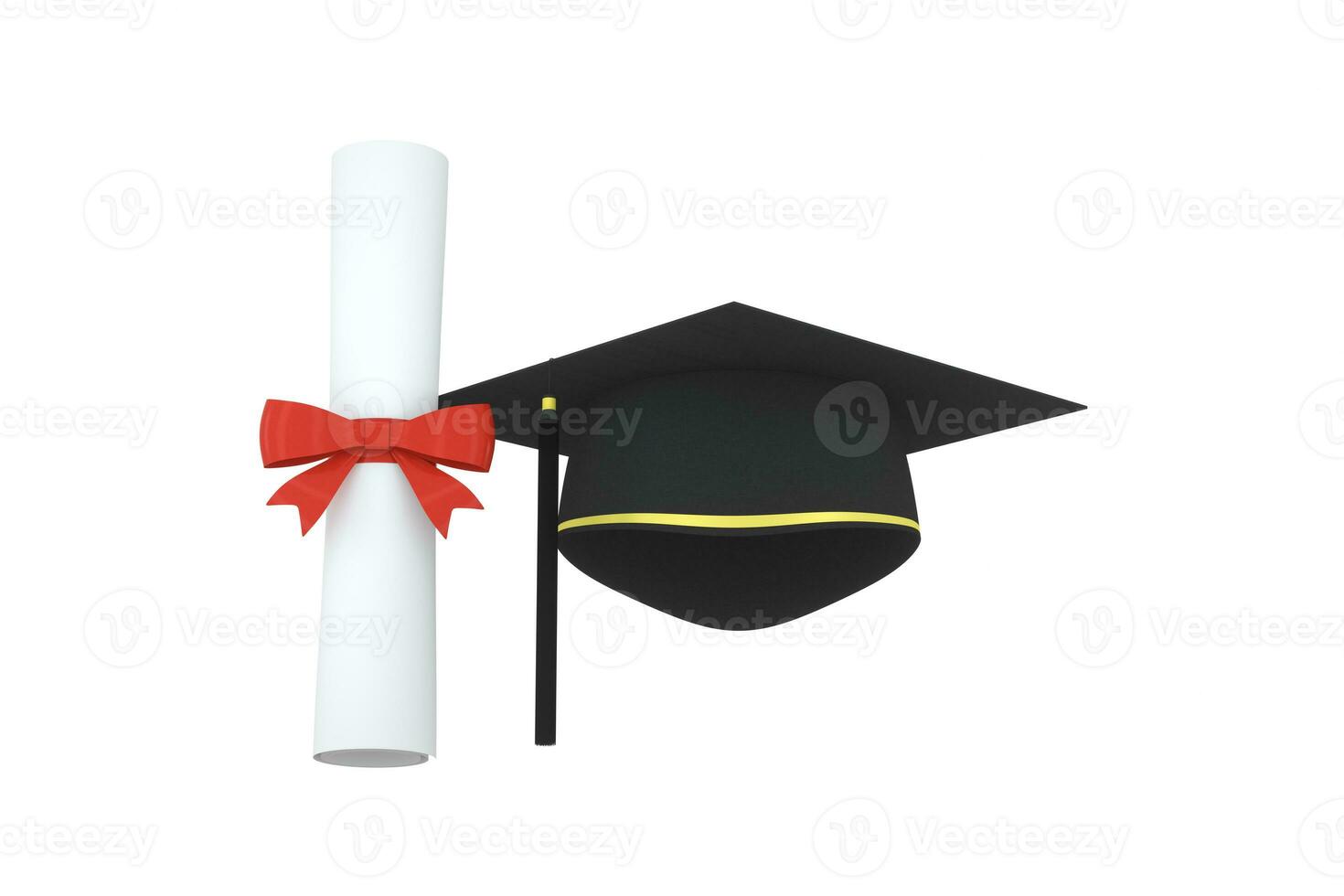 graduado sombrero con diploma aparte en blanco fondo, 3d representación. foto