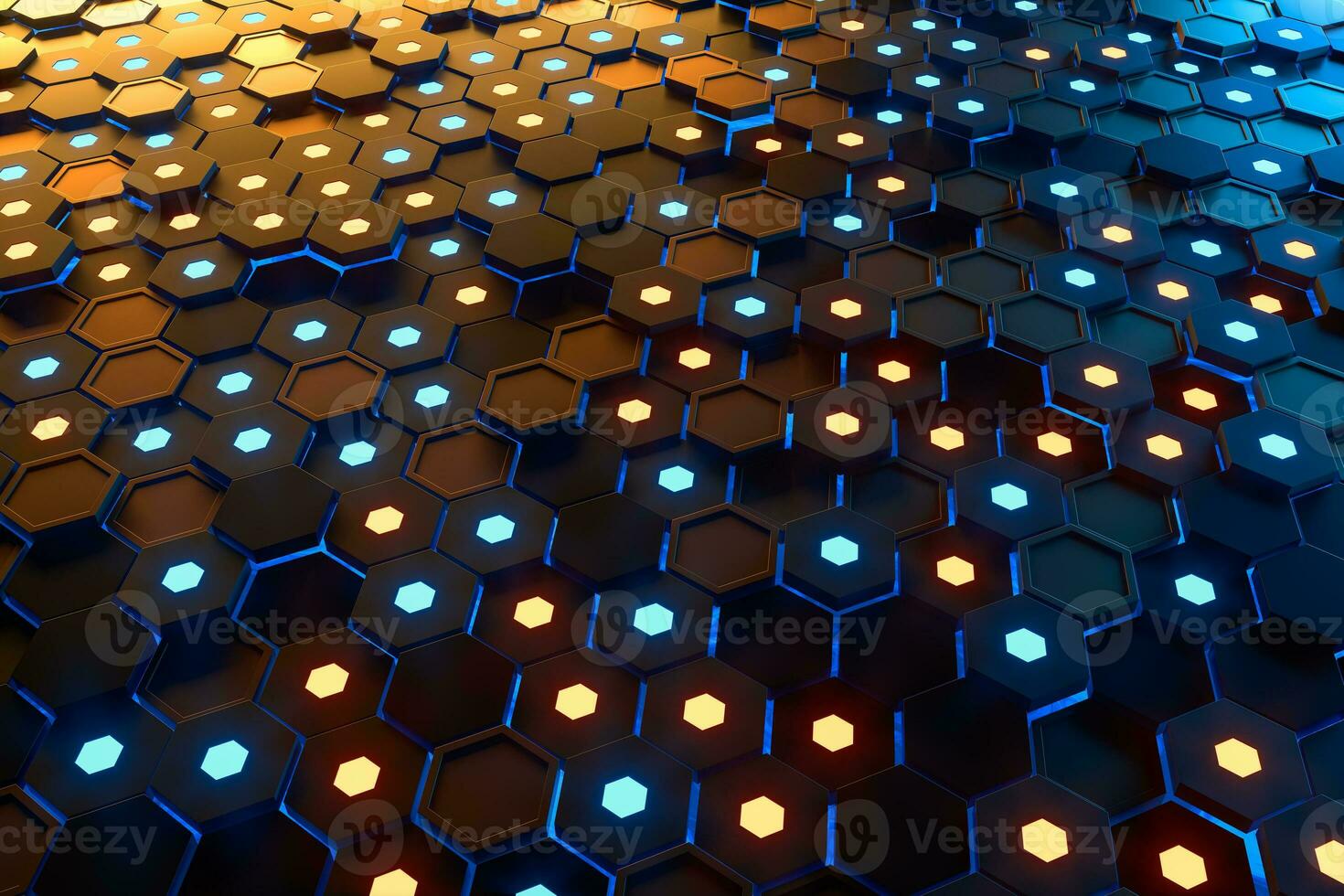 Glowing hexagonal cubes background, hi-tech cyberspace, 3d rendering. photo