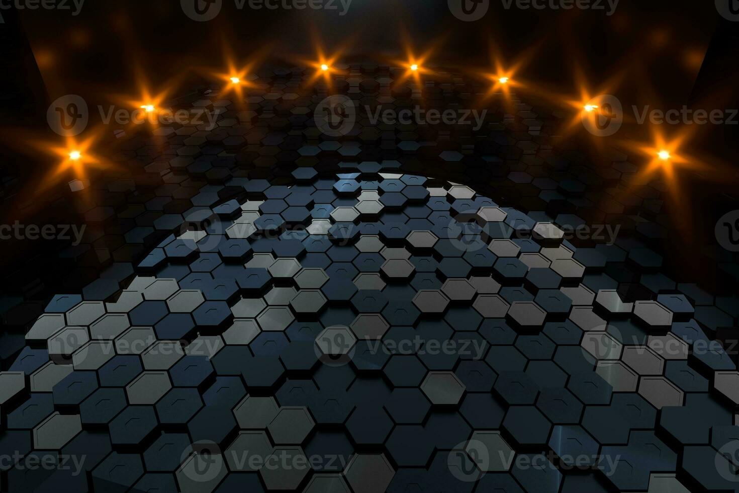 Hexagon floor with glowing spot lights, 3d rendering. photo