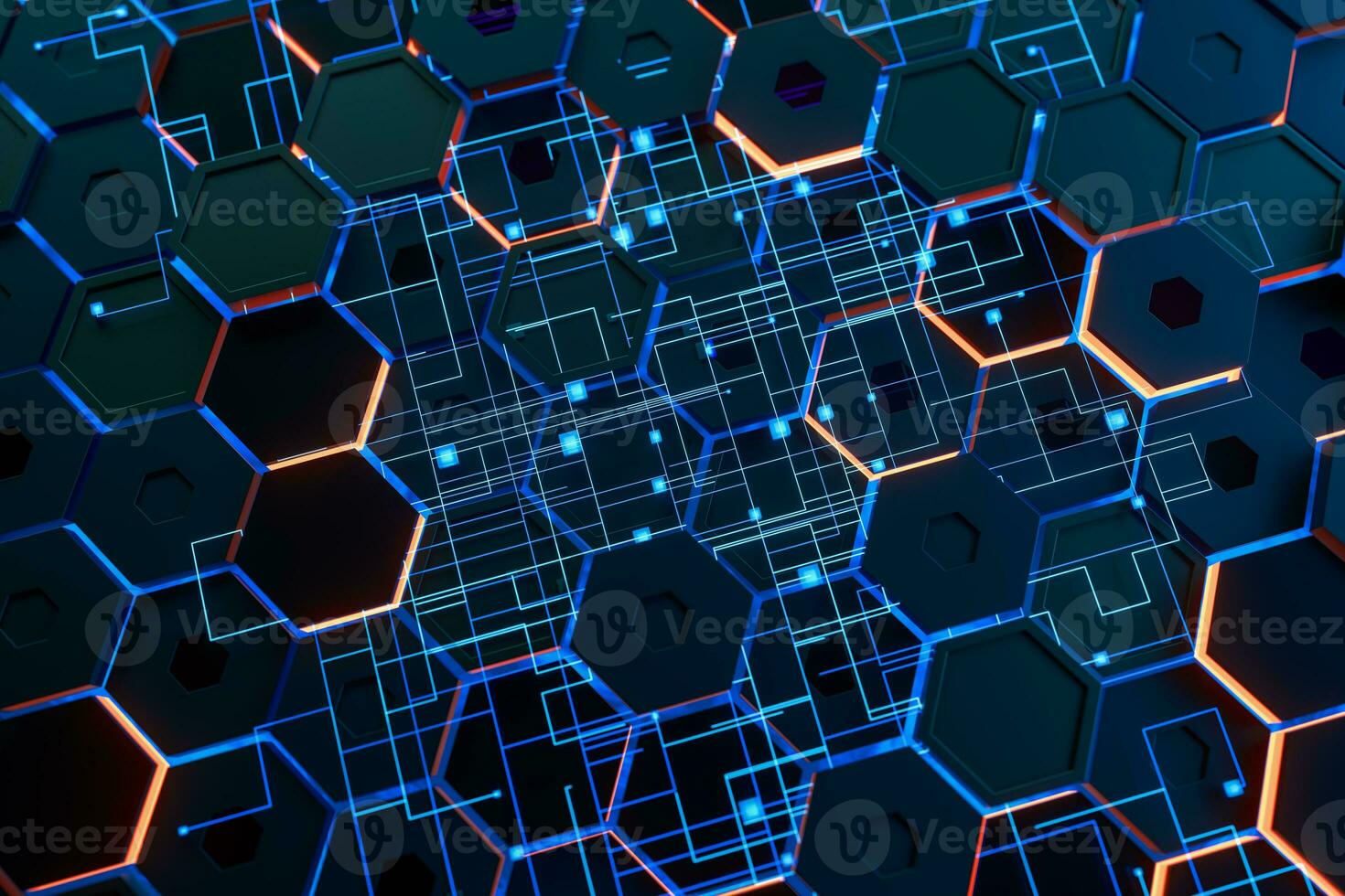 Glowing hexagonal cubes background, hi-tech cyberspace, 3d rendering. photo