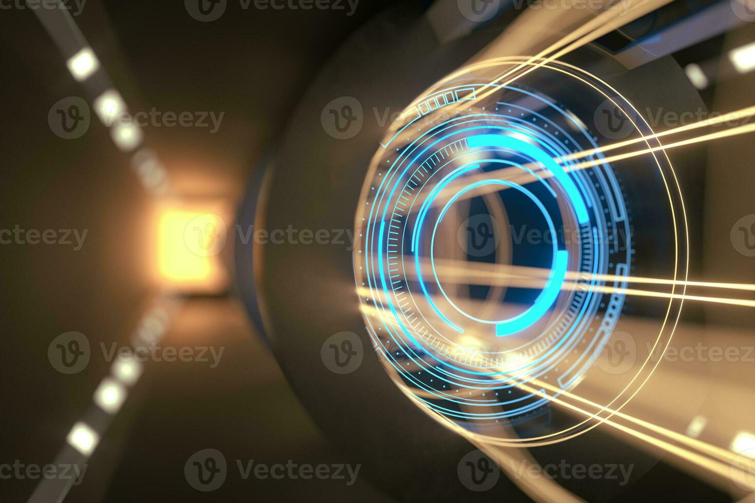 Dark tunnel with glowing HUD elements, 3d rendering. photo