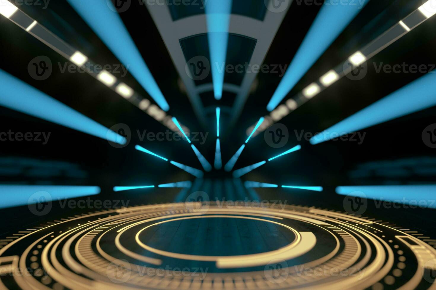 Glowing HUD elements in the dark room, 3d rendering. photo