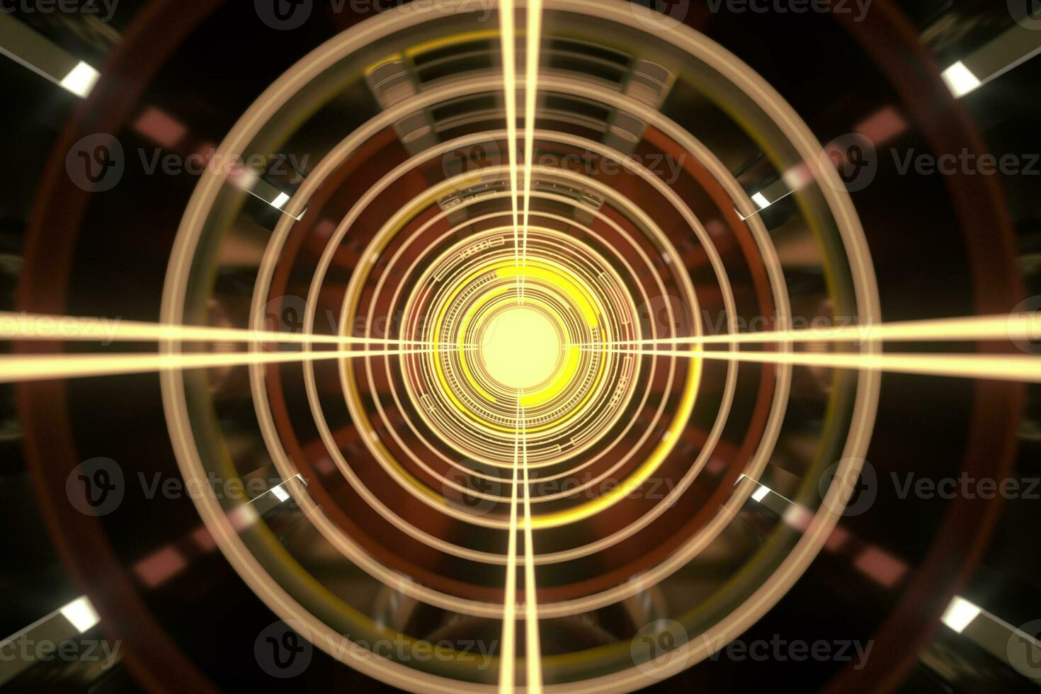 Dark tunnel with glowing HUD elements, 3d rendering. photo
