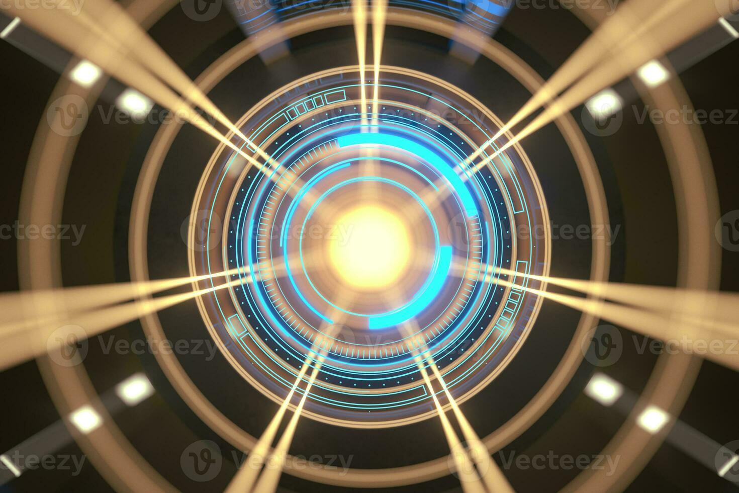 Dark tunnel with glowing HUD elements, 3d rendering. photo