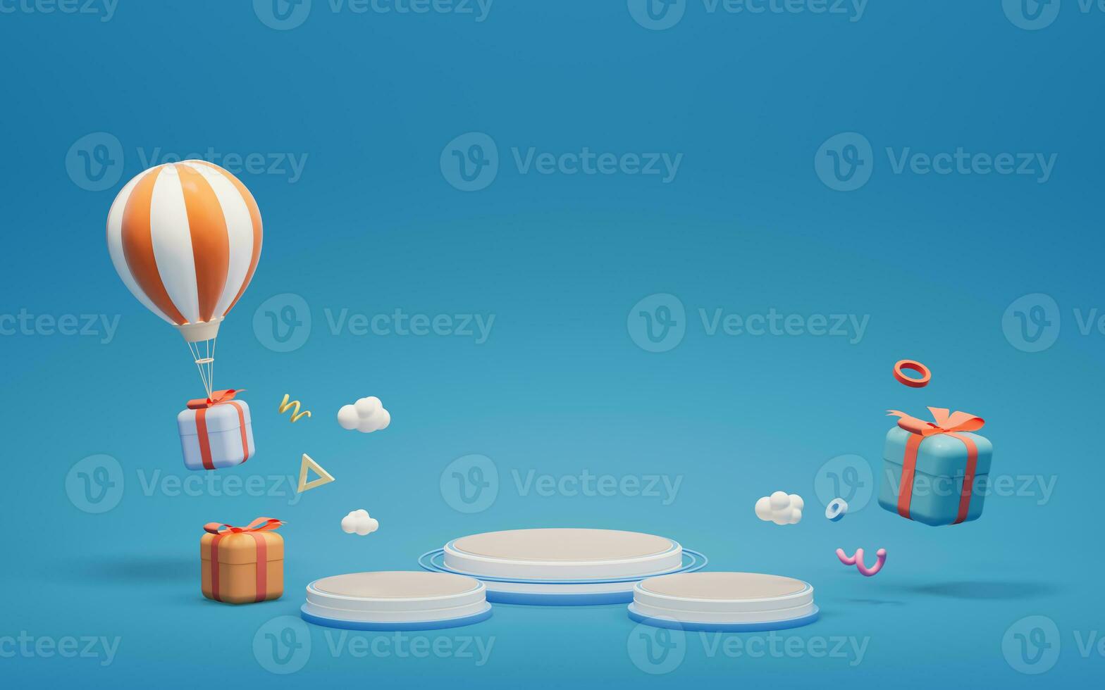 Empty stage and gifts with blue background, 3d rendering. photo