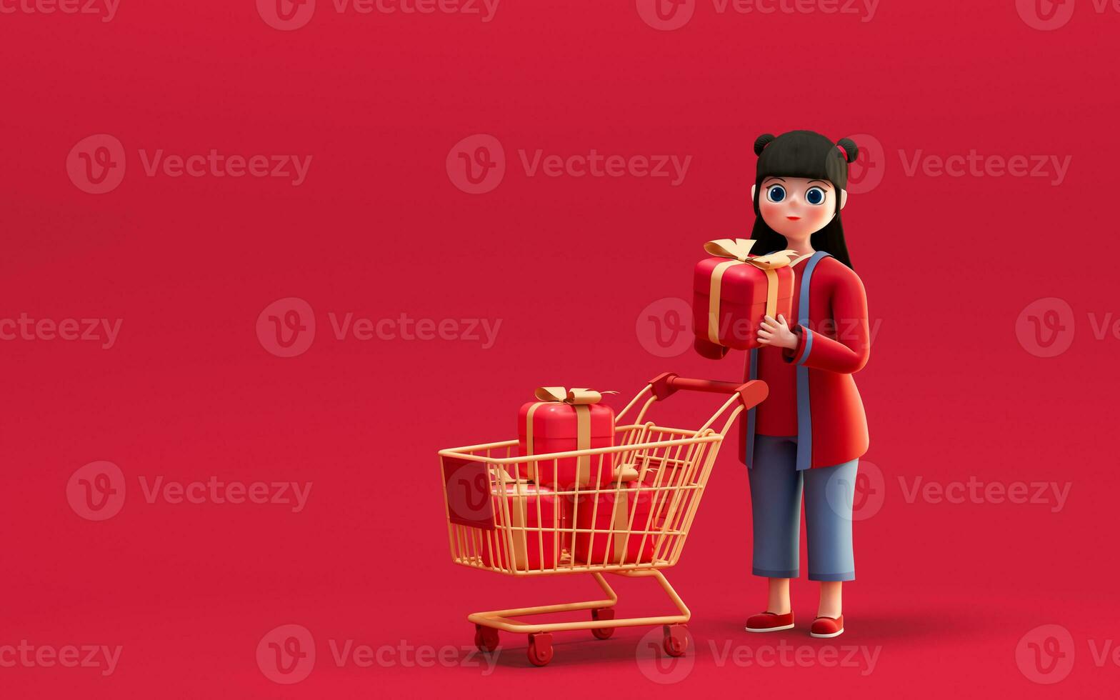 A Chinese girl and gifts with red background, 3d rendering. photo