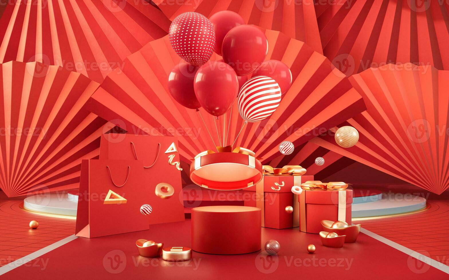 Gifts and shopping bags with Chinese style background, 3d rendering. photo