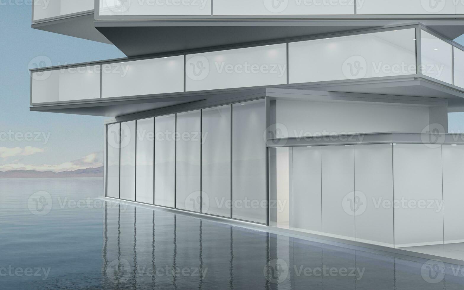 el moderno concepto arquitectura en el agua, 3d representación. foto