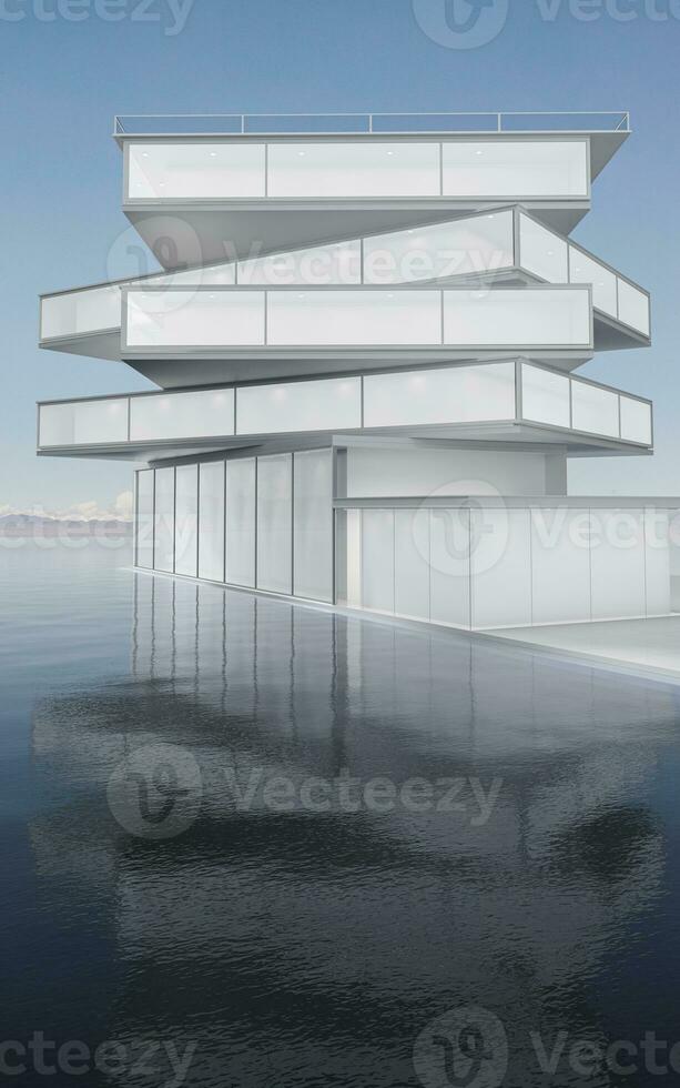 el moderno concepto arquitectura en el agua, 3d representación. foto