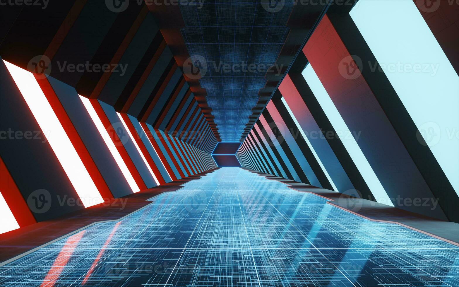 Tunnel of the future, futuristic room, 3d rendering. photo
