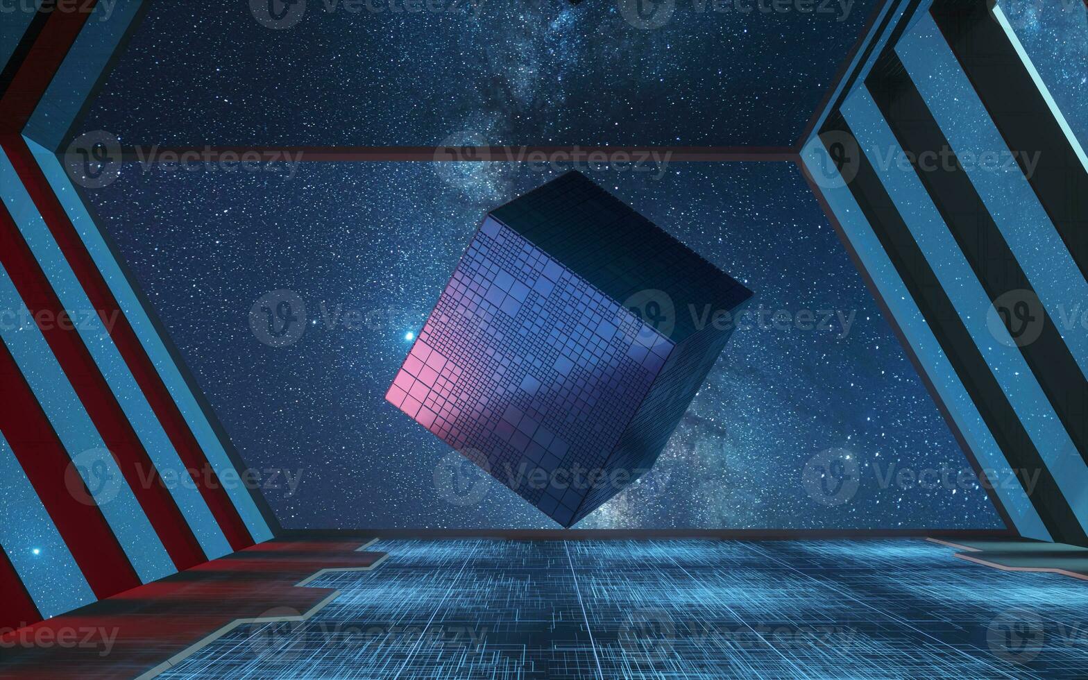 The cube in the tunnel, futuristic room, 3d rendering. photo
